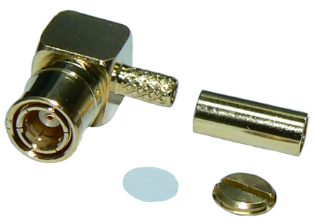 Right-angle SMB plug, male body, female pin, crimp connector for LMR100, RG316 or equivalent, DC-4 GHz – gold plated